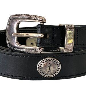 Vtg PGA Tour Golf Leather Belt Danbury Mens 36 Black Medallions Oil Tanned Grain